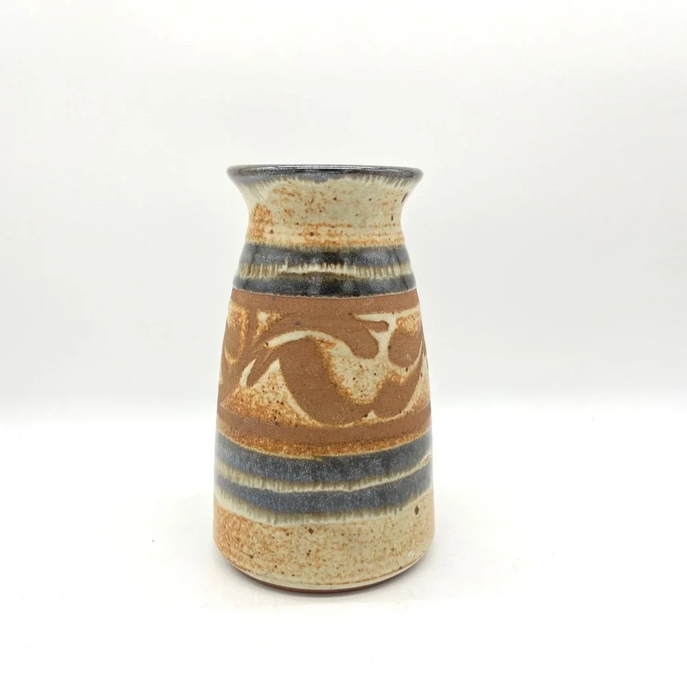 Robert Farmer Signed Studio Pottery Vase Earthy Abstract Glaze Brown Blue 6.5in